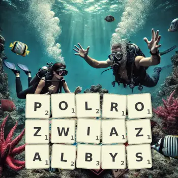 Kreatywna ilustracja do gry w Scrabble ze słowem POLROZWIAZALBYS ułożonym z płytek na planszy.