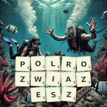 Kreatywna ilustracja do gry w Scrabble ze słowem POLROZWIAZESZ ułożonym z płytek na planszy.