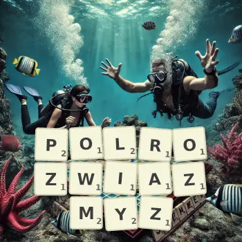 Kreatywna ilustracja do gry w Scrabble ze słowem POLROZWIAZMYZ ułożonym z płytek na planszy.