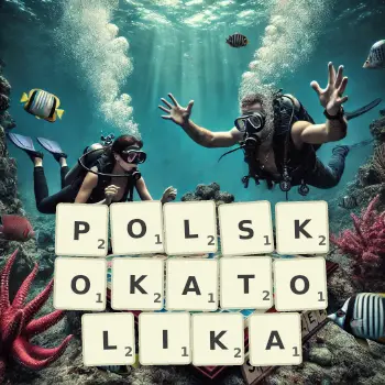 Kreatywna ilustracja do gry w Scrabble ze słowem POLSKOKATOLIKA ułożonym z płytek na planszy.