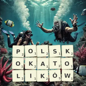 Kreatywna ilustracja do gry w Scrabble ze słowem POLSKOKATOLIKÓW ułożonym z płytek na planszy.