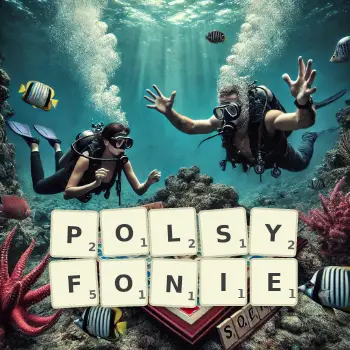 Kreatywna ilustracja do gry w Scrabble ze słowem POLSYFONIE ułożonym z płytek na planszy.