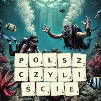 Kreatywna ilustracja do gry w Scrabble ze słowem POLSZCZYLIŚCIE ułożonym z płytek na planszy.