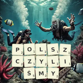 Kreatywna ilustracja do gry w Scrabble ze słowem POLSZCZYLIŚMY ułożonym z płytek na planszy.