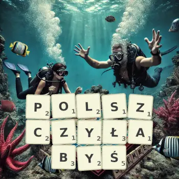 Kreatywna ilustracja do gry w Scrabble ze słowem POLSZCZYŁABYŚ ułożonym z płytek na planszy.