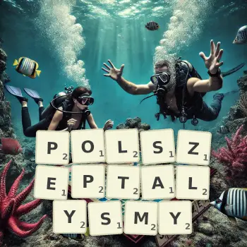 Kreatywna ilustracja do gry w Scrabble ze słowem POLSZEPTALYSMY ułożonym z płytek na planszy.