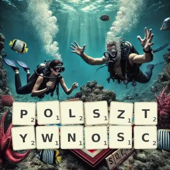 Kreatywna ilustracja do gry w Scrabble ze słowem POLSZTYWNOSC ułożonym z płytek na planszy.
