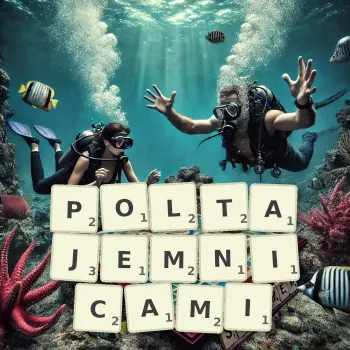 Kreatywna ilustracja do gry w Scrabble ze słowem POLTAJEMNICAMI ułożonym z płytek na planszy.