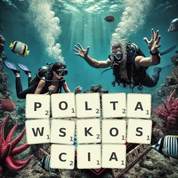 Kreatywna ilustracja do gry w Scrabble ze słowem POLTAWSKOSCIA ułożonym z płytek na planszy.