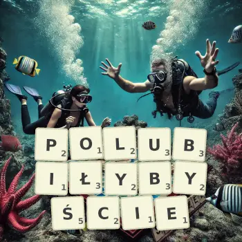 Kreatywna ilustracja do gry w Scrabble ze słowem POLUBIŁYBYŚCIE ułożonym z płytek na planszy.