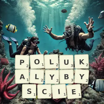 Kreatywna ilustracja do gry w Scrabble ze słowem POLUKALYBYSCIE ułożonym z płytek na planszy.