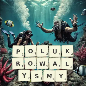 Kreatywna ilustracja do gry w Scrabble ze słowem POLUKROWALYSMY ułożonym z płytek na planszy.