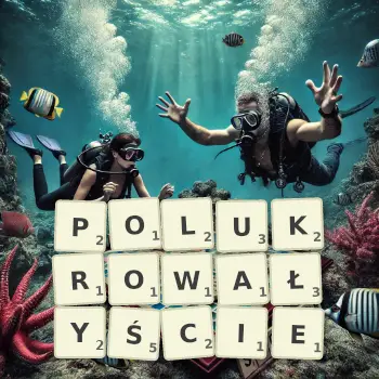 Kreatywna ilustracja do gry w Scrabble ze słowem POLUKROWAŁYŚCIE ułożonym z płytek na planszy.
