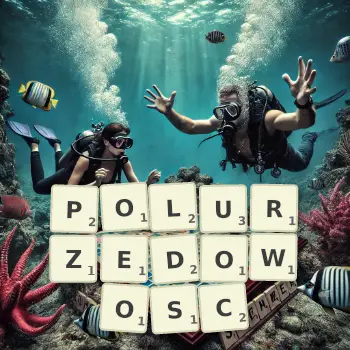 Kreatywna ilustracja do gry w Scrabble ze słowem POLURZEDOWOSC ułożonym z płytek na planszy.