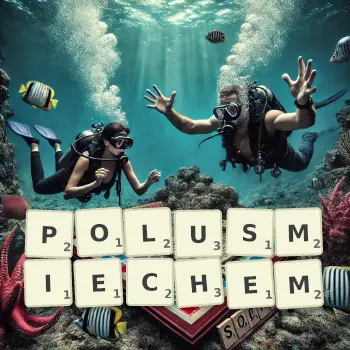 Kreatywna ilustracja do gry w Scrabble ze słowem POLUSMIECHEM ułożonym z płytek na planszy.