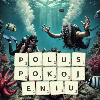 Kreatywna ilustracja do gry w Scrabble ze słowem POLUSPOKOJENIU ułożonym z płytek na planszy.
