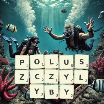 Kreatywna ilustracja do gry w Scrabble ze słowem POLUSZCZYLYBY ułożonym z płytek na planszy.