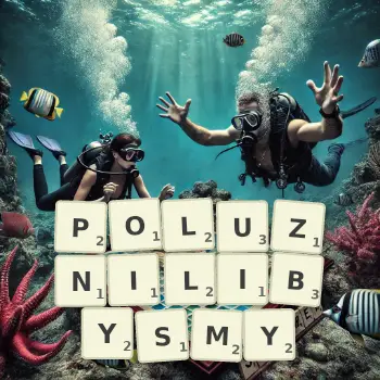 Kreatywna ilustracja do gry w Scrabble ze słowem POLUZNILIBYSMY ułożonym z płytek na planszy.