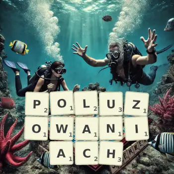 Kreatywna ilustracja do gry w Scrabble ze słowem POLUZOWANIACH ułożonym z płytek na planszy.