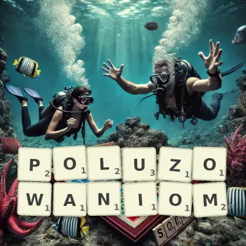 Kreatywna ilustracja do gry w Scrabble ze słowem POLUZOWANIOM ułożonym z płytek na planszy.