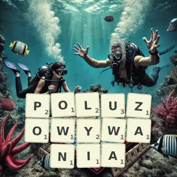 Kreatywna ilustracja do gry w Scrabble ze słowem POLUZOWYWANIA ułożonym z płytek na planszy.