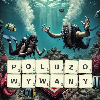 Kreatywna ilustracja do gry w Scrabble ze słowem POLUZOWYWANY ułożonym z płytek na planszy.