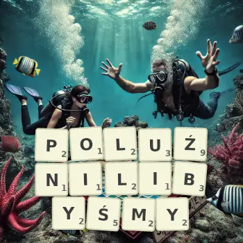 Kreatywna ilustracja do gry w Scrabble ze słowem POLUŹNILIBYŚMY ułożonym z płytek na planszy.