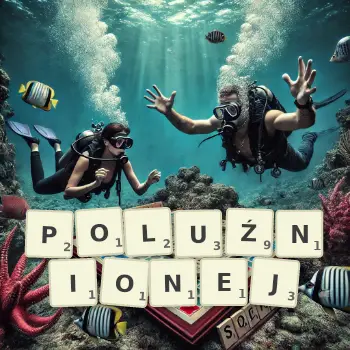 Kreatywna ilustracja do gry w Scrabble ze słowem POLUŹNIONEJ ułożonym z płytek na planszy.