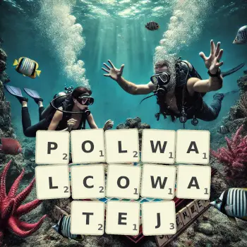 Kreatywna ilustracja do gry w Scrabble ze słowem POLWALCOWATEJ ułożonym z płytek na planszy.