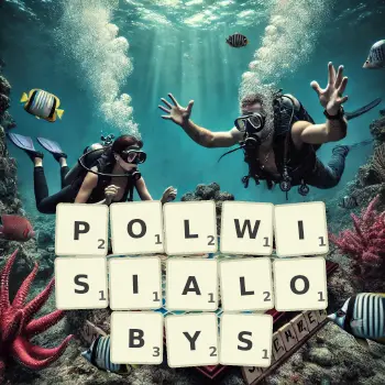 Kreatywna ilustracja do gry w Scrabble ze słowem POLWISIALOBYS ułożonym z płytek na planszy.