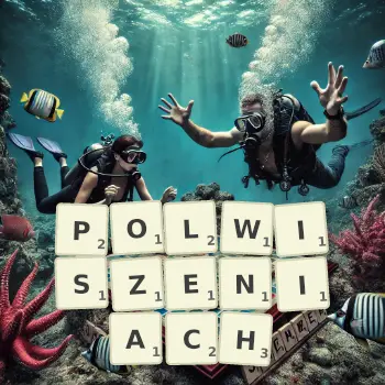 Kreatywna ilustracja do gry w Scrabble ze słowem POLWISZENIACH ułożonym z płytek na planszy.
