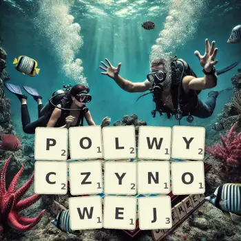 Kreatywna ilustracja do gry w Scrabble ze słowem POLWYCZYNOWEJ ułożonym z płytek na planszy.