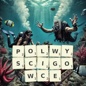 Kreatywna ilustracja do gry w Scrabble ze słowem POLWYSCIGOWCE ułożonym z płytek na planszy.