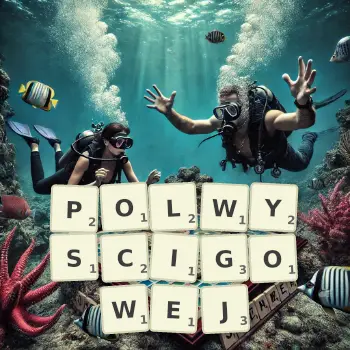 Kreatywna ilustracja do gry w Scrabble ze słowem POLWYSCIGOWEJ ułożonym z płytek na planszy.