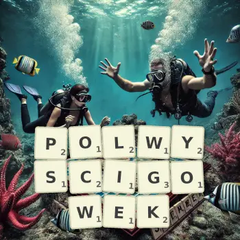 Kreatywna ilustracja do gry w Scrabble ze słowem POLWYSCIGOWEK ułożonym z płytek na planszy.