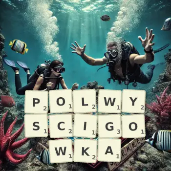 Kreatywna ilustracja do gry w Scrabble ze słowem POLWYSCIGOWKA ułożonym z płytek na planszy.