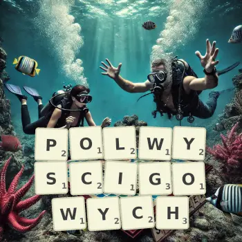 Kreatywna ilustracja do gry w Scrabble ze słowem POLWYSCIGOWYCH ułożonym z płytek na planszy.