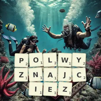 Kreatywna ilustracja do gry w Scrabble ze słowem POLWYZNAJCIEZ ułożonym z płytek na planszy.