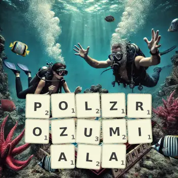 Kreatywna ilustracja do gry w Scrabble ze słowem POLZROZUMIALA ułożonym z płytek na planszy.