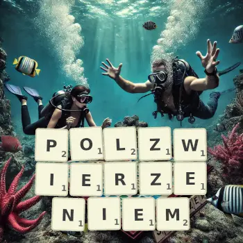 Kreatywna ilustracja do gry w Scrabble ze słowem POLZWIERZENIEM ułożonym z płytek na planszy.