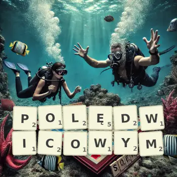Kreatywna ilustracja do gry w Scrabble ze słowem POLĘDWICOWYM ułożonym z płytek na planszy.