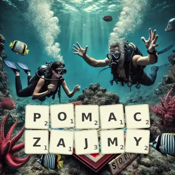 Kreatywna ilustracja do gry w Scrabble ze słowem POMACZAJMY ułożonym z płytek na planszy.