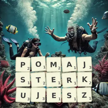 Kreatywna ilustracja do gry w Scrabble ze słowem POMAJSTERKUJESZ ułożonym z płytek na planszy.