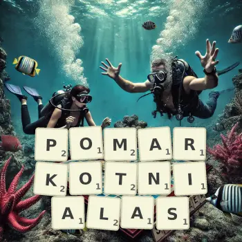 Kreatywna ilustracja do gry w Scrabble ze słowem POMARKOTNIALAS ułożonym z płytek na planszy.