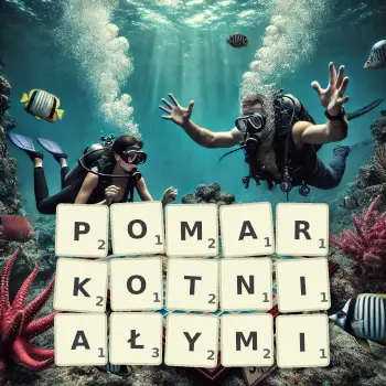 Kreatywna ilustracja do gry w Scrabble ze słowem POMARKOTNIAŁYMI ułożonym z płytek na planszy.