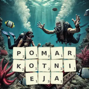 Kreatywna ilustracja do gry w Scrabble ze słowem POMARKOTNIEJA ułożonym z płytek na planszy.