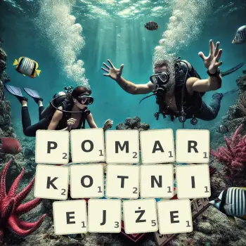 Kreatywna ilustracja do gry w Scrabble ze słowem POMARKOTNIEJŻE ułożonym z płytek na planszy.