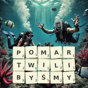 Kreatywna ilustracja do gry w Scrabble ze słowem POMARTWILIBYŚMY ułożonym z płytek na planszy.