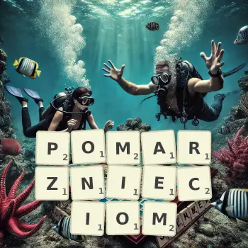 Kreatywna ilustracja do gry w Scrabble ze słowem POMARZNIECIOM ułożonym z płytek na planszy.