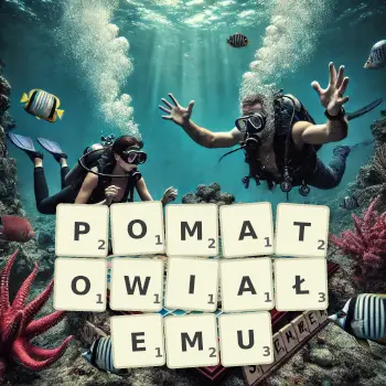 Kreatywna ilustracja do gry w Scrabble ze słowem POMATOWIAŁEMU ułożonym z płytek na planszy.